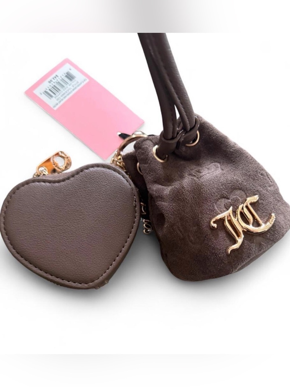 Juicy Couture Brown Suede Mini Drawstring Bag with Heart Coin Pouch